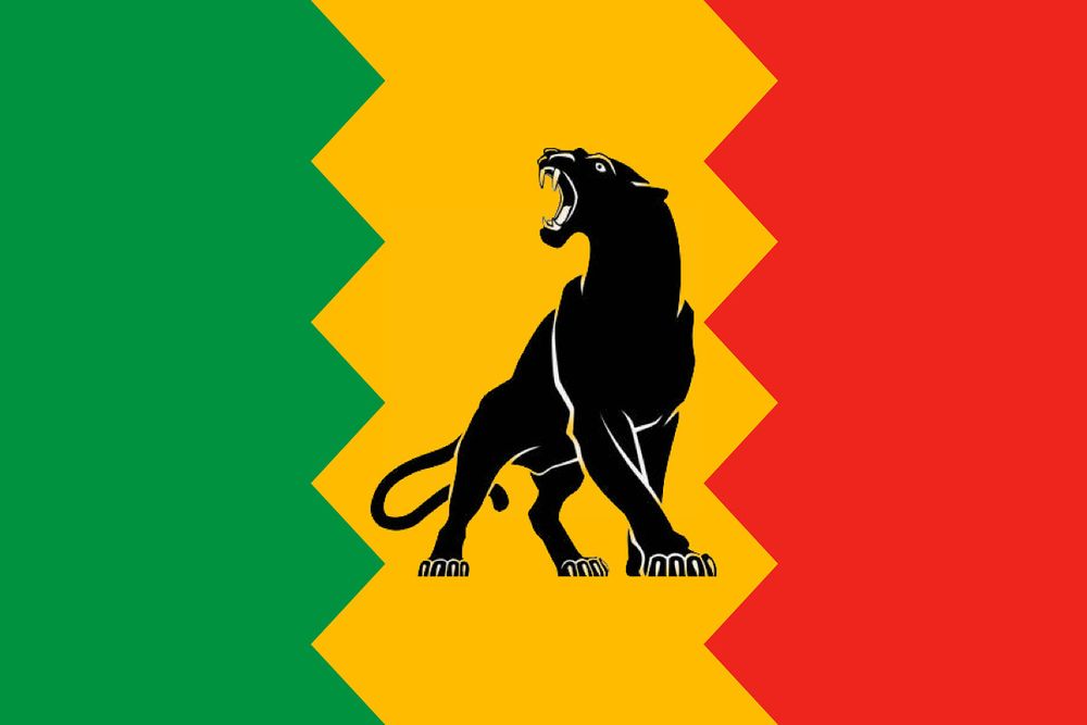 Los Angeles flag (vertical bar of green on left, vertical bar of red on right, divided by zig zag bar of yellow) with the tacky city seal replay by a stylized black and white image of mountain lion P-22
