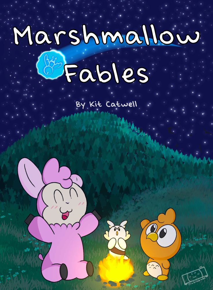 The cover for Marshmallow Fables. It features Comet, Bijou, and Claire sitting around a fire in the forest. The Star Owl shoots across the sky above them, which is filled with stars. 