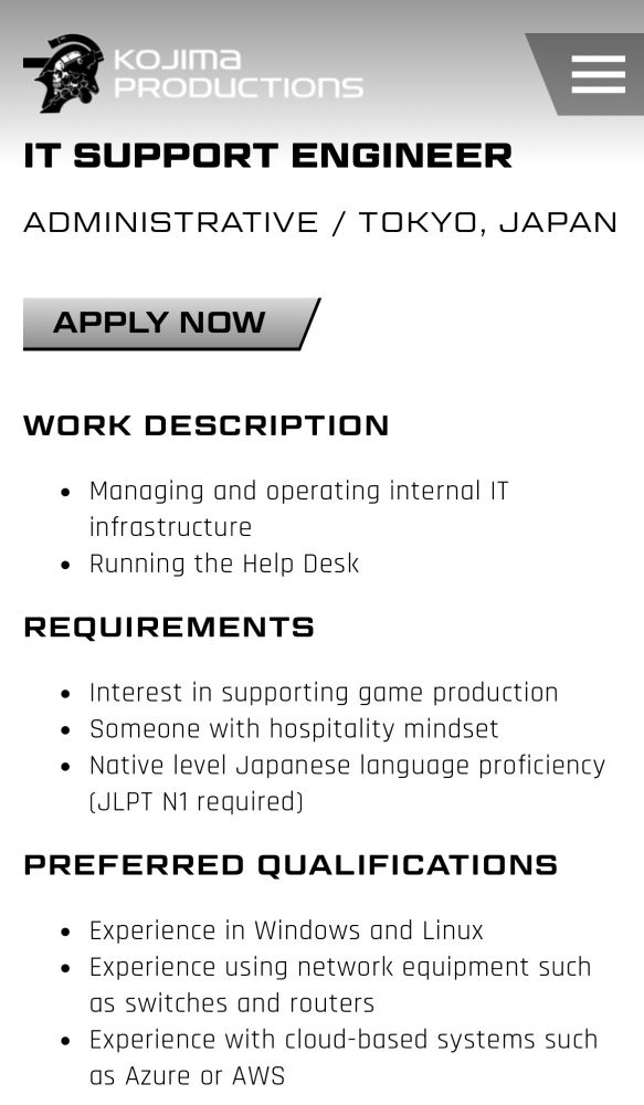 vaga de TI na kojima productions tendo JLPT N1 como requerimento