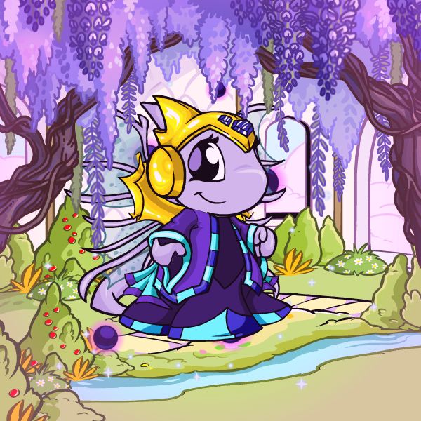 A customized Faerie Shoyru from Neopets. She wears purple robes, a golden headdress and wing guards. Behind her is a light purple and green Faerieland garden, and a bright purple Wisteria tree garland can be seen above her.