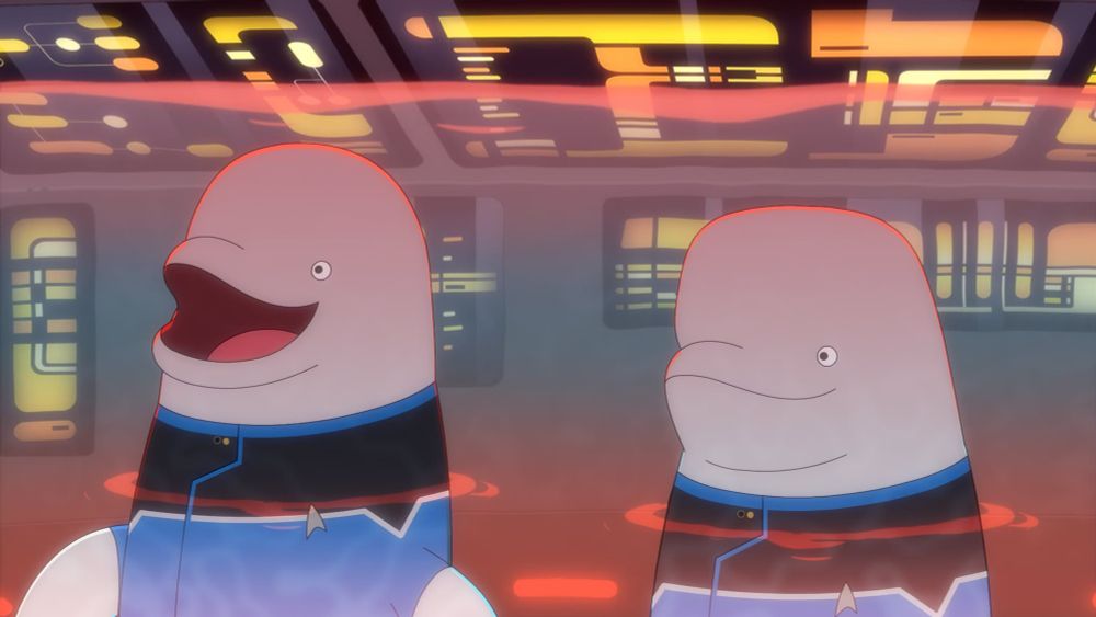 Matt and Kimolu, the beluga whales stationed onboard the USS Cerritos