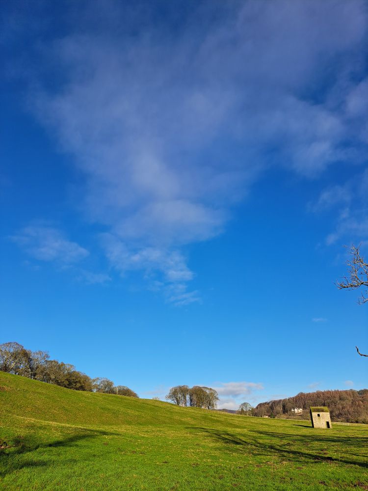 Huge blue sky, fields and a tiny shepherd's hut