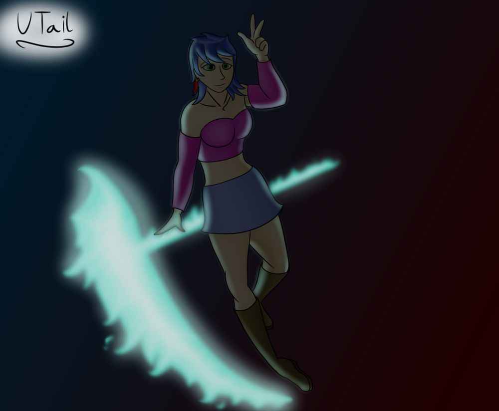 Kolie, stood holding a scythe made of fire