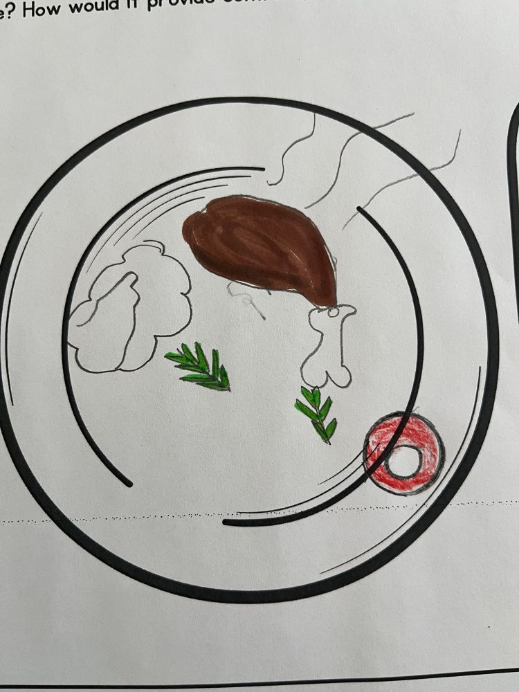 A drawing of a piece of chicken, mashed potatoes and red sauce with sprigs of green for garnish. 