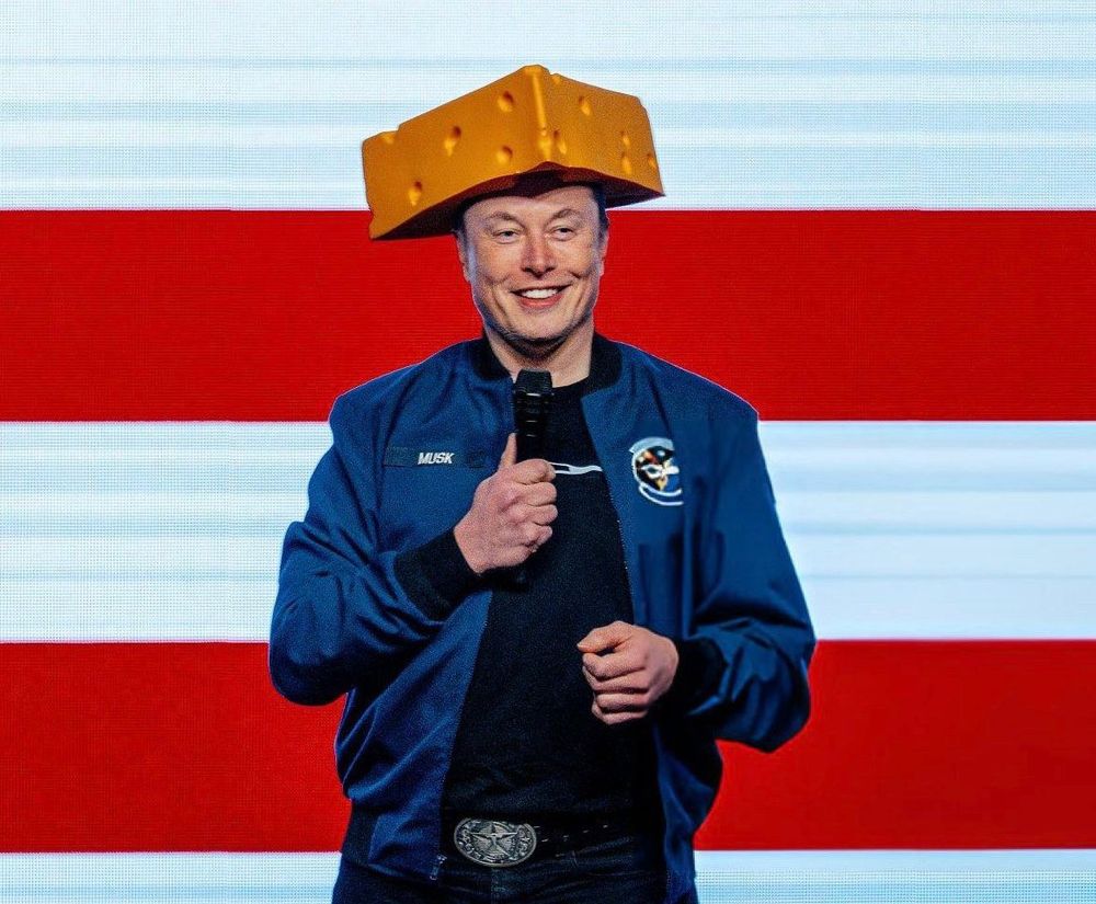 Elon Musk looking like a fucking douchebag wearing a cheese hat on stage in Wisconsin at his rally to buy votes. 