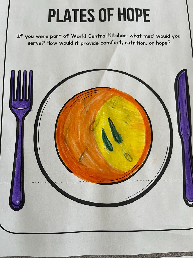 Plates of Hope printable. Prompts students to think about: If you were part of World Central Kitchen, what meal would you serve? How would it provide comfort, nutrition, or hope? Student drew a bowl of vegetable soup. Half orange and half yellow with some greens floating around. 