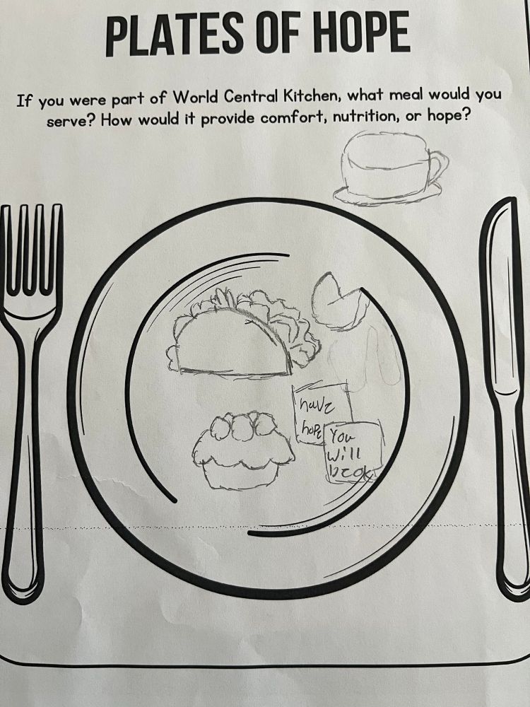 Another student’s drawing of a plate with a taco, muffin, and fortune cookie with the message “have hope, you will be ok.” A cup of tea is drawn above the plate to the right. 