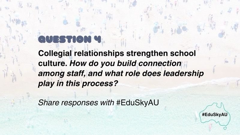 The image shows text layered over an image of an Australian beach. The text reads: Collegial relationships strengthen school culture. How do you build connection among staff, and what role does leadership play in this process?