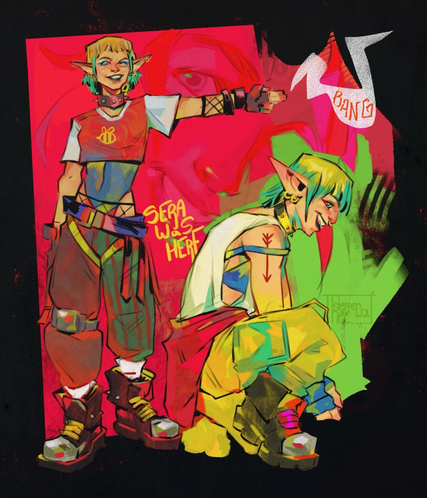 A colorful sketch page of Sera from the Dragon Age games but in a punk modern style. There is one standing figure overcome mostly in red pointing a finger gun to the side with her left hand. Next to her is a kneeling/slouching figure in a different outfit saturated with a neon yellow color. In the background you can see Seras faded face smiling, melting into the color of the background.