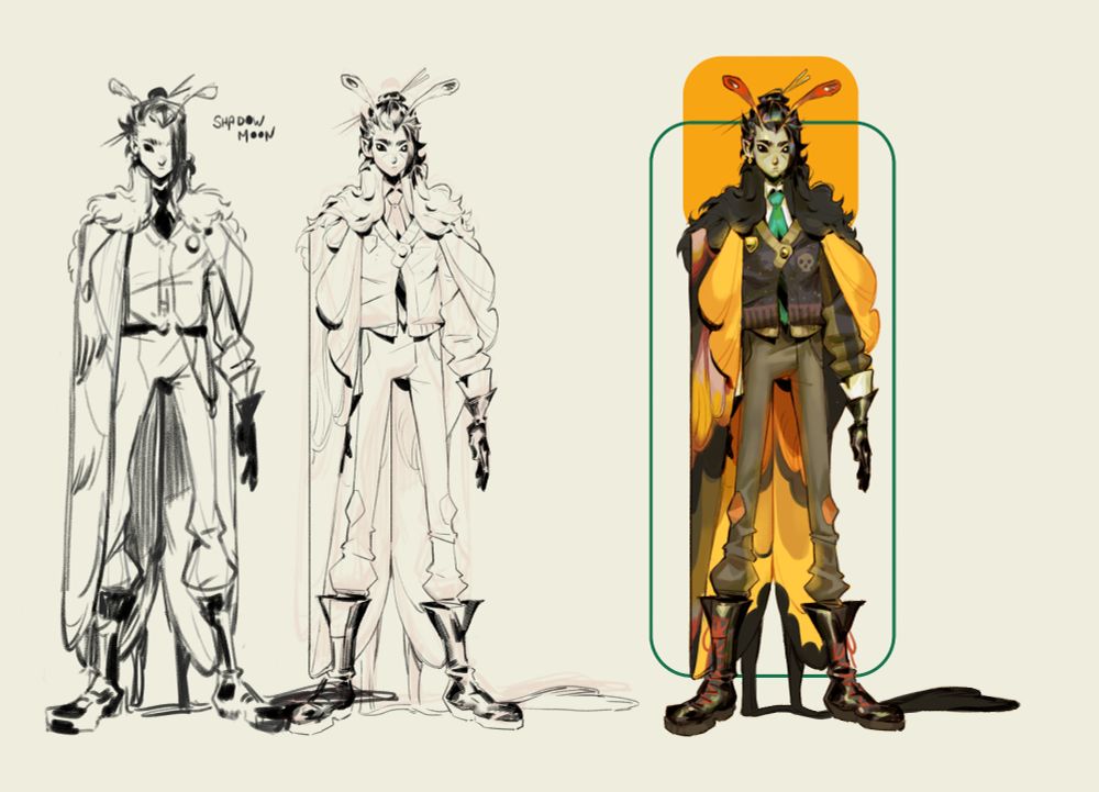 a design sheet of a bug fairy inspired by a death head moth