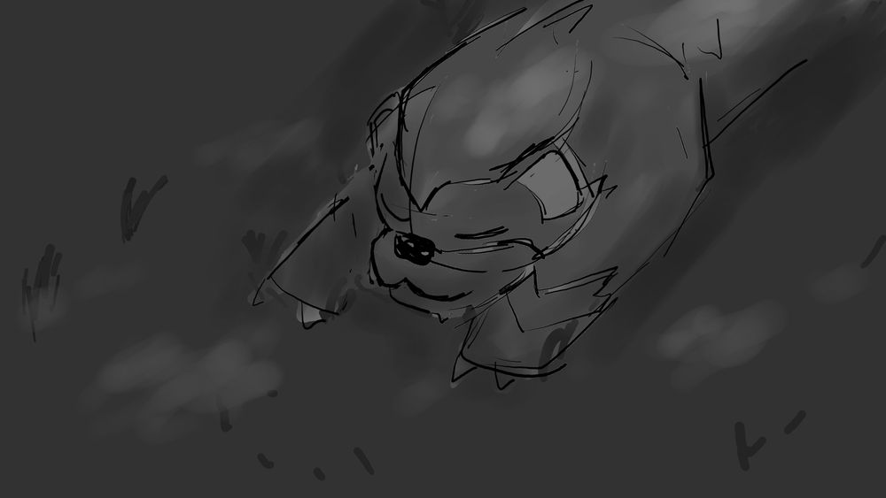 Unfinished black & white digital illustration of a Growlithe sleeping in the grass.