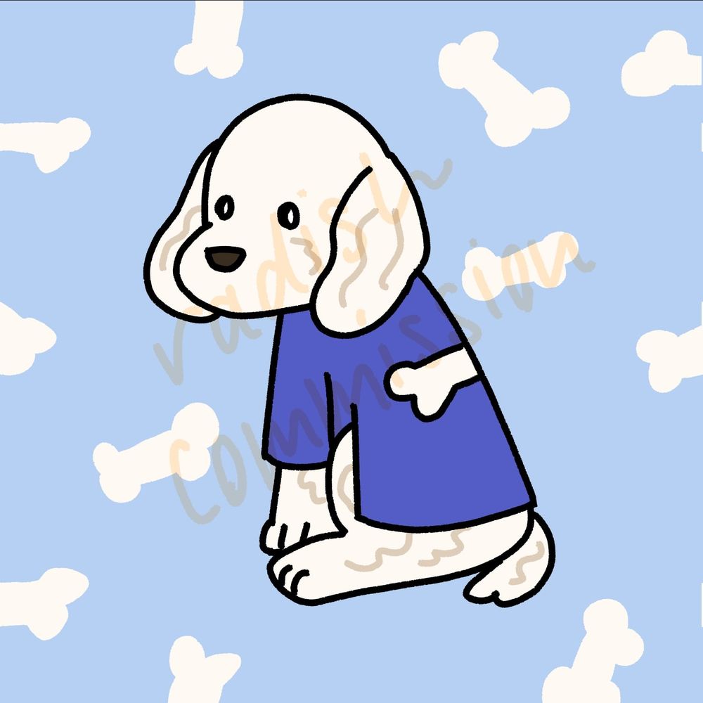 Digital drawing of a sitting white dog wearing a blue shirt, on a blue background with bone patterns. Art style is bold textured lines with flat colors.