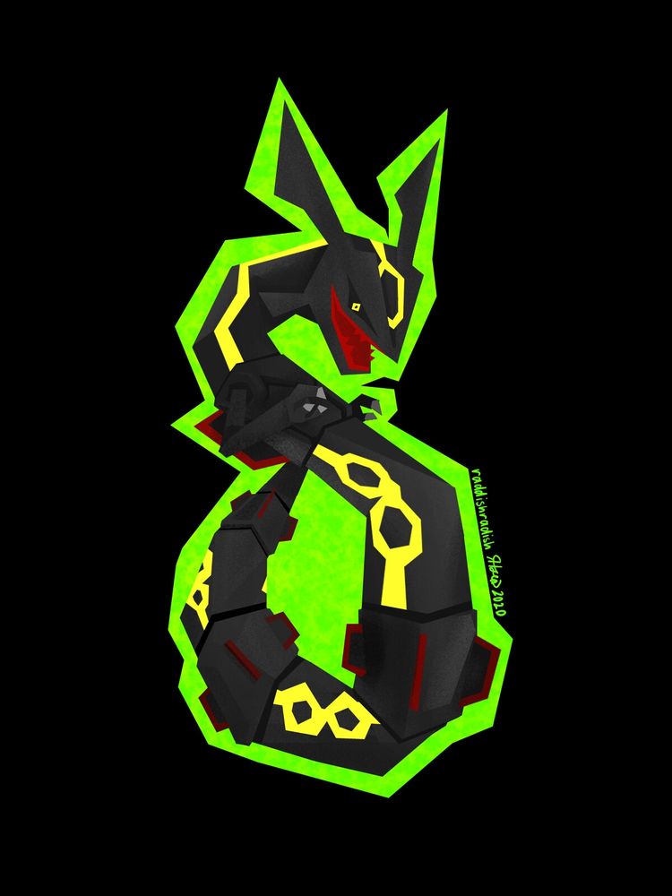 Digital illustration of a shiny Rayquaza drawn with the polygonal lasso tool and a plastic crayon-textured brush. The Rayquaza is reared up in the shape of a lowercase delta with a neon green outline on a black background.