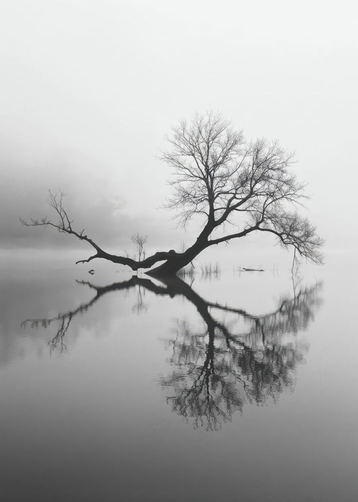 A lone tree arches over a still body of water, creating a mirrored image in the dense fog; Alps.