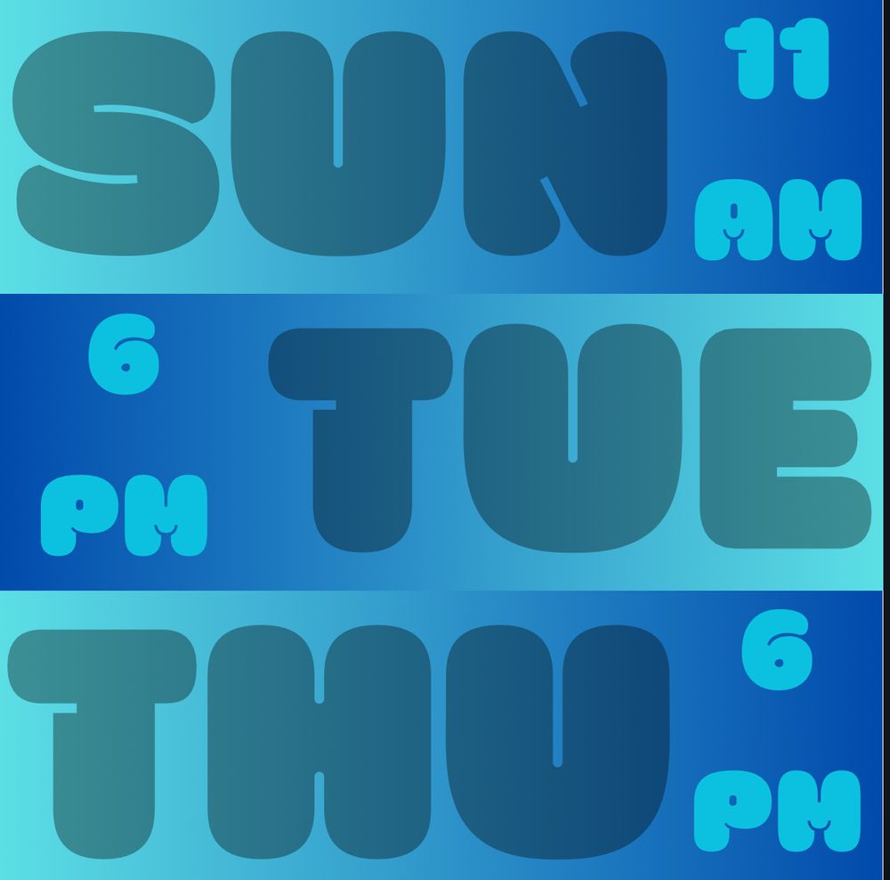 New stream schedule for Jubberwok. 11am Sunday. 6pm Tuesday. 6pm Thursday. All times central. 