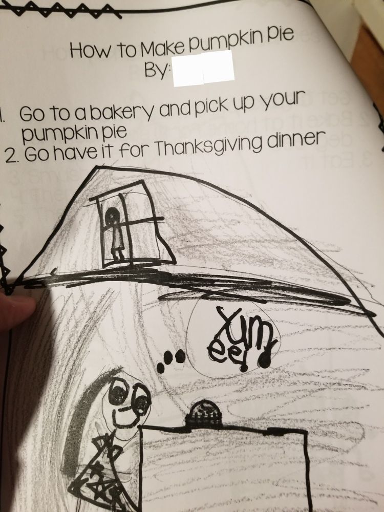 How to make a pumpkin pie:

1. Go to a bakery and pick up your pumpkin pie.
2. Go have it for Thanksgiving dinner.