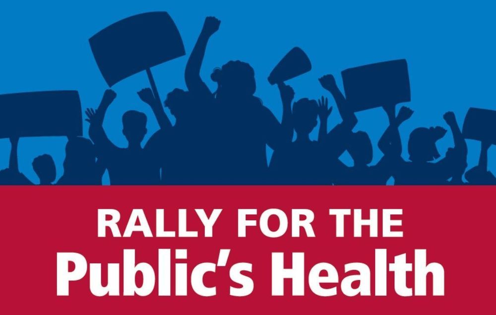 An image of the outline on a blue background of people with signs holding a rally and the text “I’m speaking at the Rally for the Public’s Health, Wednesday, Nov. 5” and the url “APHA.org/Rally” and the APHA logo.