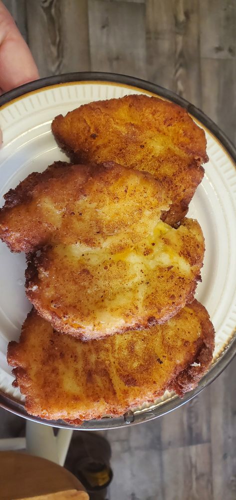 Potato cakes
You use leftover mashed potatoes add an egg or two, add flour, add cheese if you want or other Fixings, then mix all together and fry. 