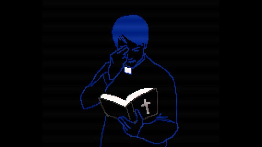 『FAITH: The Unholy Trinity』のスクリーンショット。聖書を手に祈る主人公ジョン。
