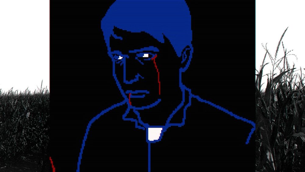 『FAITH: The Unholy Trinity』のスクリーンショット。血の涙を流している主人公ジョン。