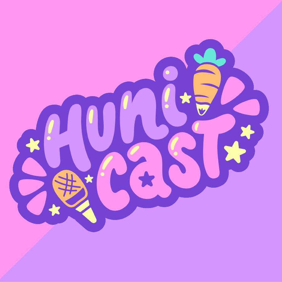 A logo design that says “Huni Cast” in purple and pink bubble letters. There are little star doodads and an orange microphone and carrot pen as icons on either side. 