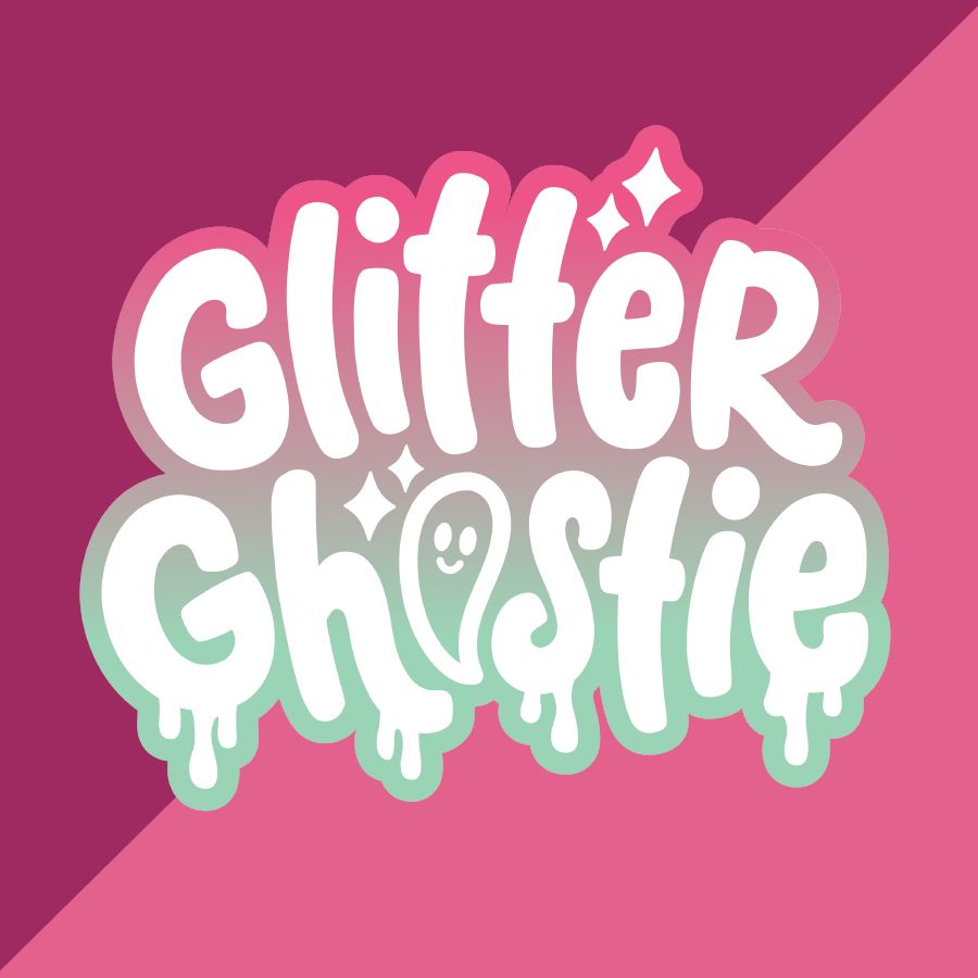 A logo design for “Glitter Ghostie” - the letters are white and round and tall, with drips coming off of “ghostie” - the O in “ghostie” is a cute little ghost. The letters are surrounded by a pink-to-mint gradient. 