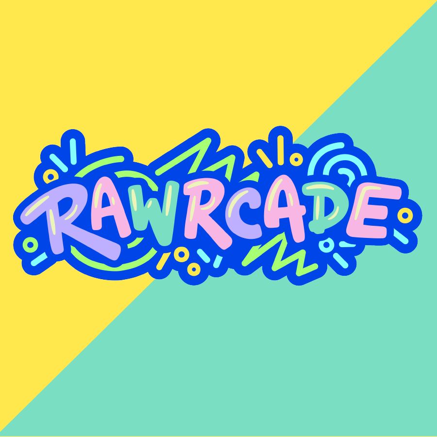 A logo design for “Rawrcade” - the lettering has a retro arcade vibe and is neon blue, pink, teal, and purple surrounded by swirls and scribbles 