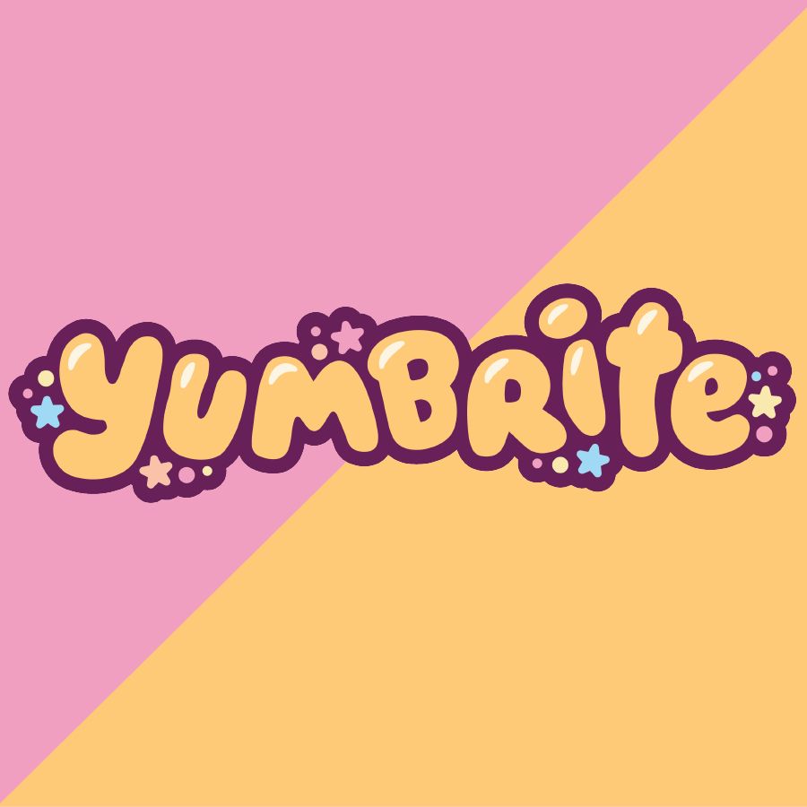 A logo design for “Yumbrite” - the logo has fun bubbly yellow letters surrounded by sparkles and stars in pink, yellow and blue. 