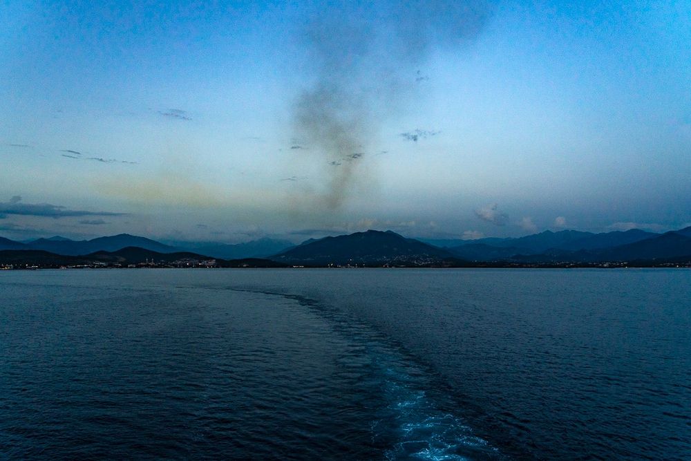 2. Pall of smoke behind car ferry in the Gulf of Ajaccio  (Dave Walsh 2024)
