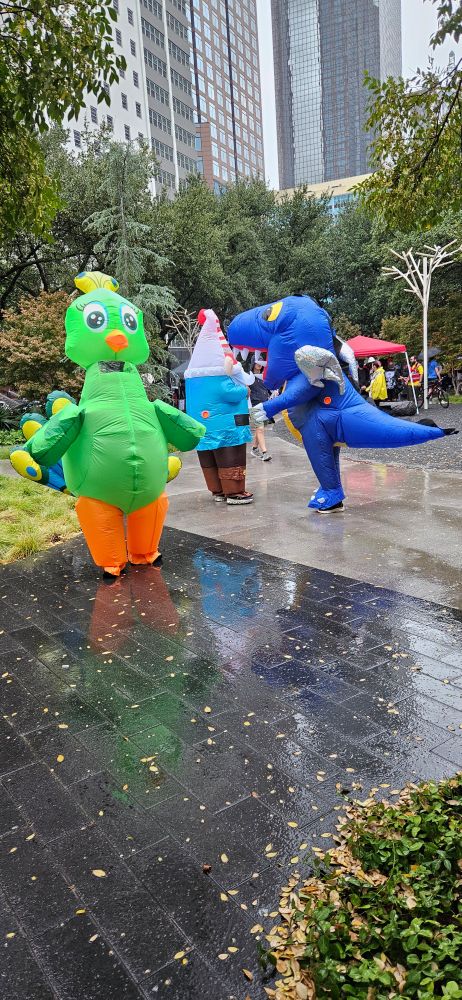 More No Kings Protesters in Dallas wearing inflatable animal costumes.