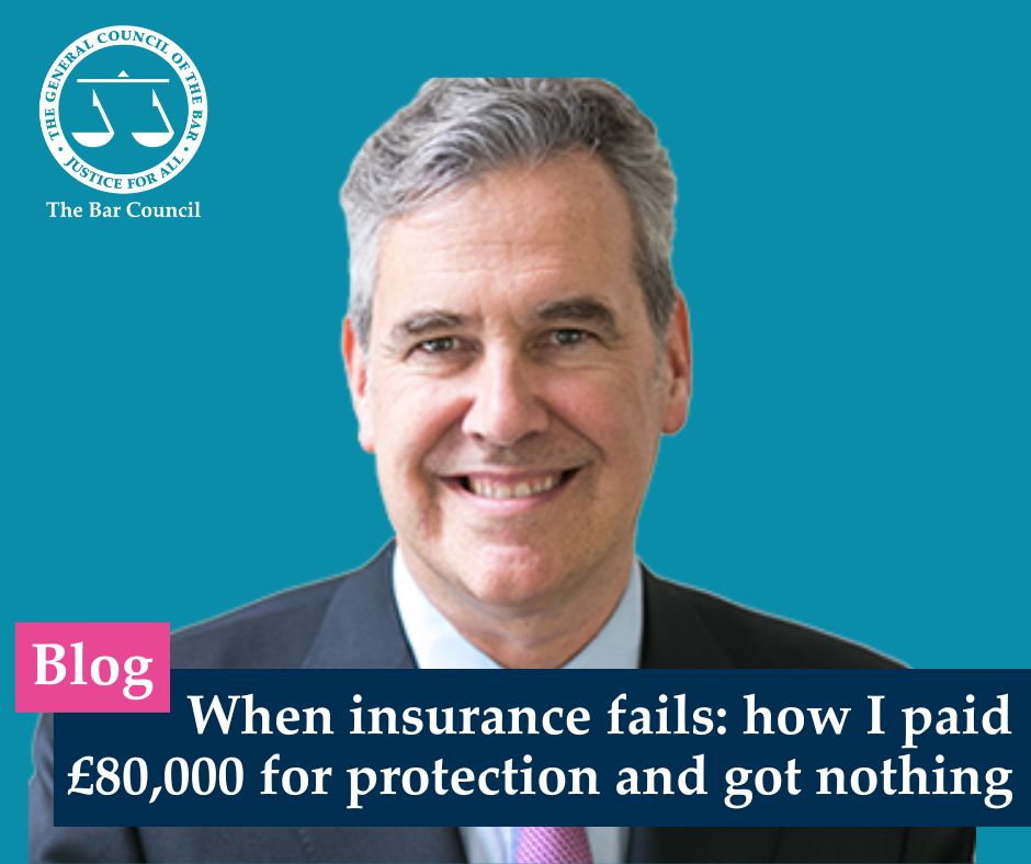 Head and shoulders portrait photograph of Jason Sugarman KC on a teal background. Text on a banner across the bottom reads: “Blog. When insurance fails: how I paid £80,000 for protection and got nothing”. The Bar Council logo is in the top left.