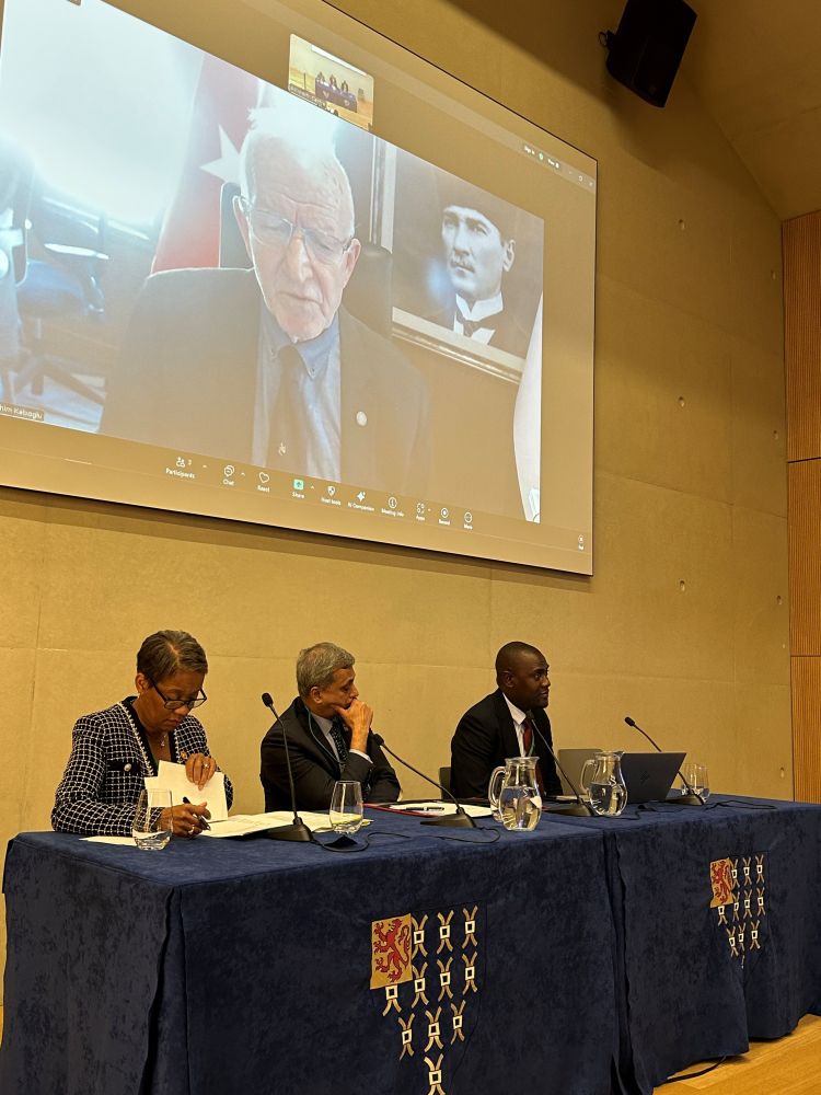 Picture of the panel speakers with Istanbul Bar Association President Professor Dr Ibrahim Kaboğlu speaking on screen.
