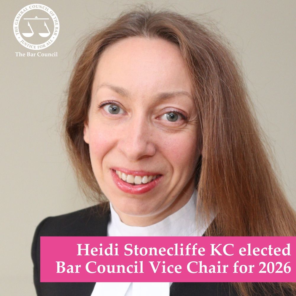 Profile photograph of Heidi Stonecliffe KC smiling. White text across a pink banner reads: "Heidi Stonecliffe KC elected Bar Council Vice Chair for 2026". The Bar Council logo is in the top left corner.