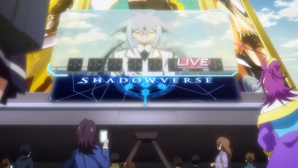 City passerbys watching a large, hologram screen displaying live footage of Mikado amidst his battle with Light. Haruma can be seen among the crowd. From episode 49.