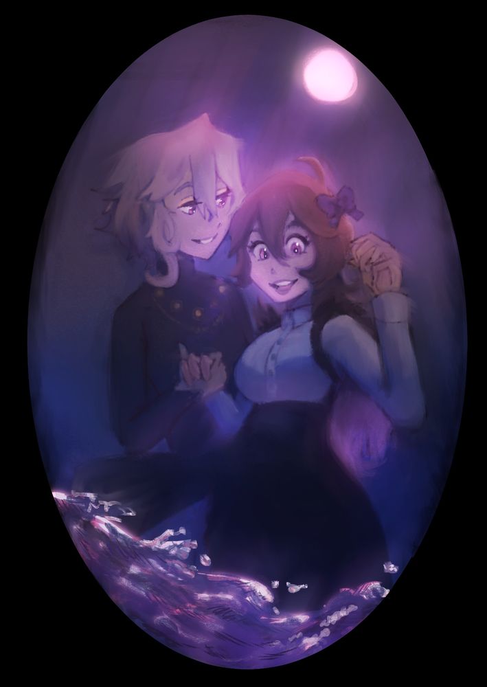 Io and Samzel drenched in purples and pinks walking through clearly dark and murky waters. Io holds Samzel to help her walk almost in a dance.