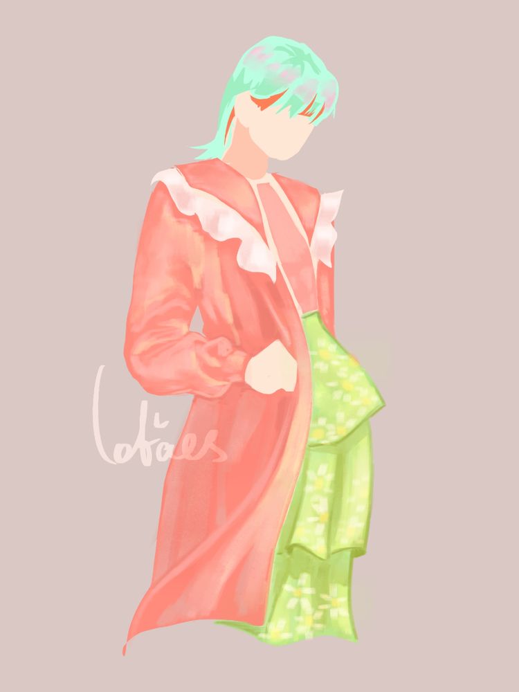 Faceless figure in a stylized outfit with a coral coat, white ruffled collar, and lime green patterned skirt, set against a beige background.