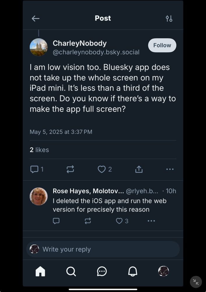 Image of the Bluesky post on an iPad running an iPhone app at the zoomed size, filling most of the screen. 