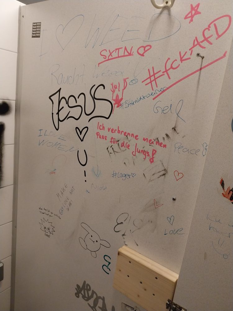 Several graffiti found in a bathroom in Nuremberg

Most significant ones:

- "# fuckafd"
- "jesus <3 u"
- "ich verbrenne meinen pass für die jungs!"
- "I <3 weed"
- "Make gay love not war"
- "when they hit you with the 'I'll never hurt you'"
- "I love women"