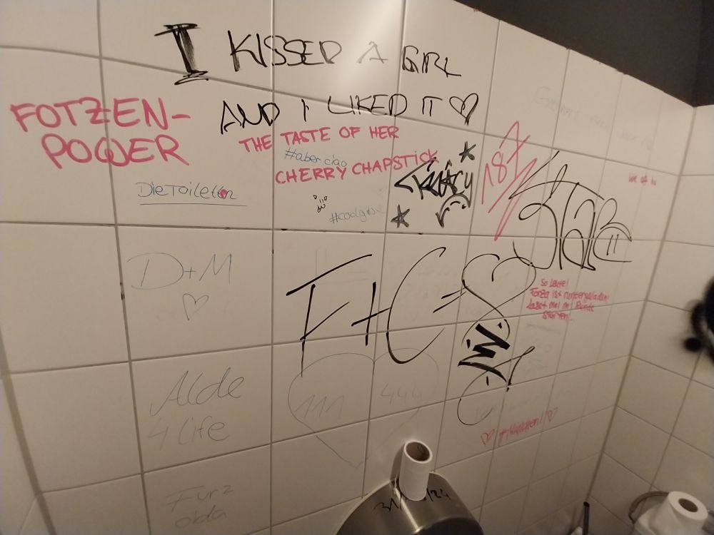 Several graffiti found in a bathroom in Nuremberg

Most significant ones:

- "I kissed a girl and I liked it"
- "The taste of their cherry chapstick"
- "Fortzenpower"
- "Die Toiletten"
- F+C = <3