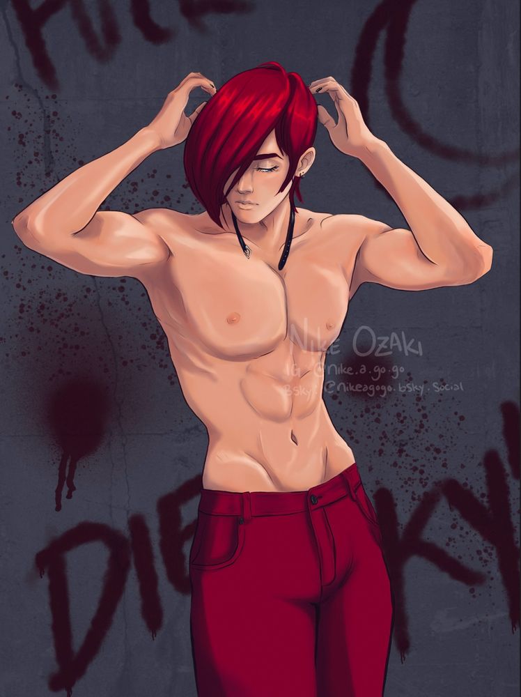 Digital drawing of Iori Yagami from King of Fighters by User @Nikeagogo. A young muscular man with red hair standing shirtless and glancing downwards. In the background is a concrete wall spray painted with red paint (or blood) graffiti and random splatters that reads “fuck” and “Die Kyo”