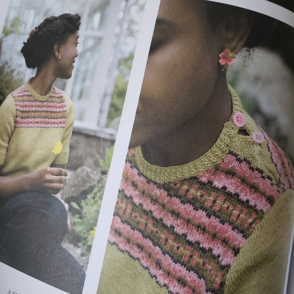 Detail photos of a short-sleeved chartreuse pullover with a yoke in pinks and greens.