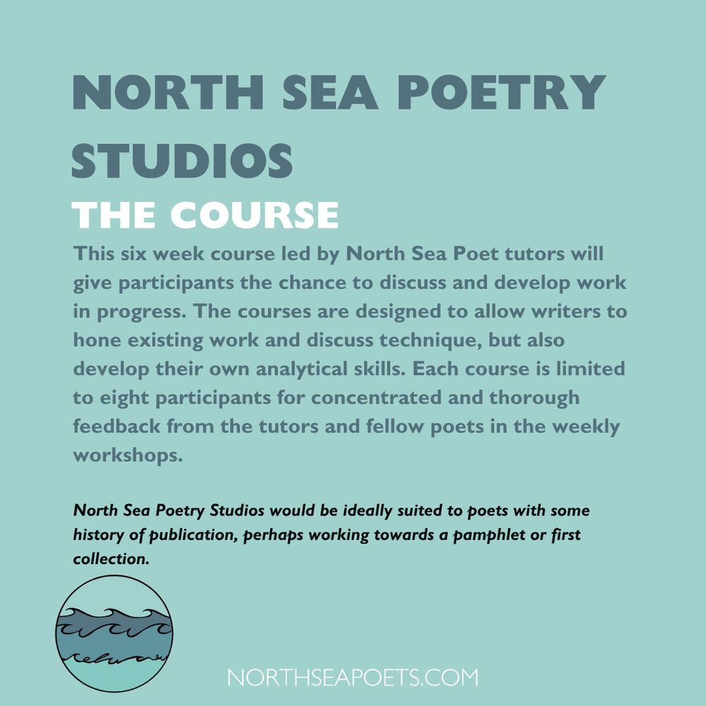 A description of North Sea Poetry Studios against a light teal background. The North Sea Poets logo is in the bottom left corner.