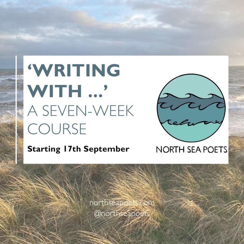 The North Sea Poets logo is on the right next to the course description. In the background is a photo of grass blowing in the wind and stormy seas beyond.