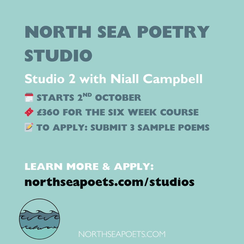 A description of North Sea Poetry Studios against a light teal background. The North Sea Poets logo is in the bottom left corner.