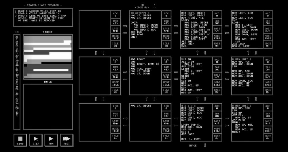 A screenshot of TIS-100, showing a solution for the "Stored Image Decoder" segment.
