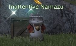 A catfish-humanoid race called 'Namazu' standing in front of a crate and stares into the air in front of him. Over is head you see what they are called: inattentive Namazu