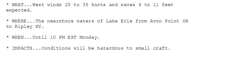 * WHAT...West winds 25 to 35 knots and waves 6 to 11 feet
expected.

* WHERE...The nearshore waters of Lake Erie from Avon Point OH
to Ripley NY.

* WHEN...Until 10 PM EST Monday.

* IMPACTS...Conditions will be hazardous to small craft.
