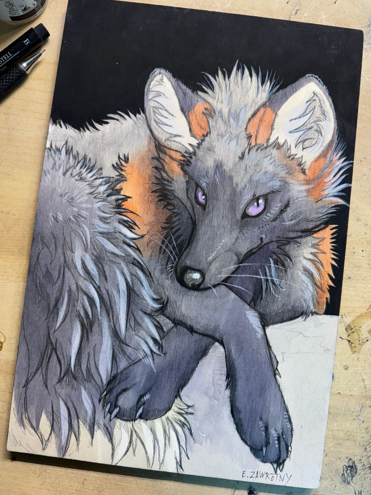 a watercolor and acrylic painting of a cross fox wit a mischievous expression