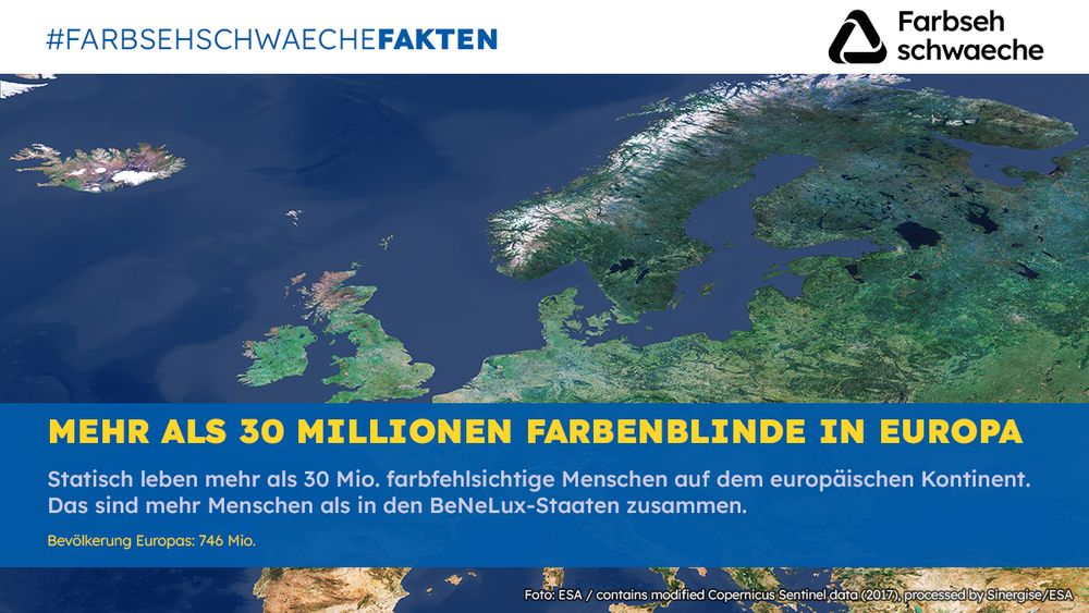 Satellitenfoto der ESA vom europäischen Kontinent. Darüber Text mit der Überschrift "Mehr als 30 Millionen Farbenblinde in Europa". Der restliche Text ergibt sich aus dem Beitrag.