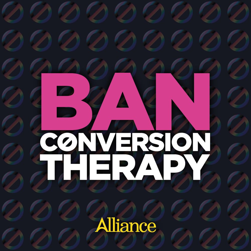 Graphic of stop symbols in pride colours.

Text reads: "BAN CONVERSION THERAPY"